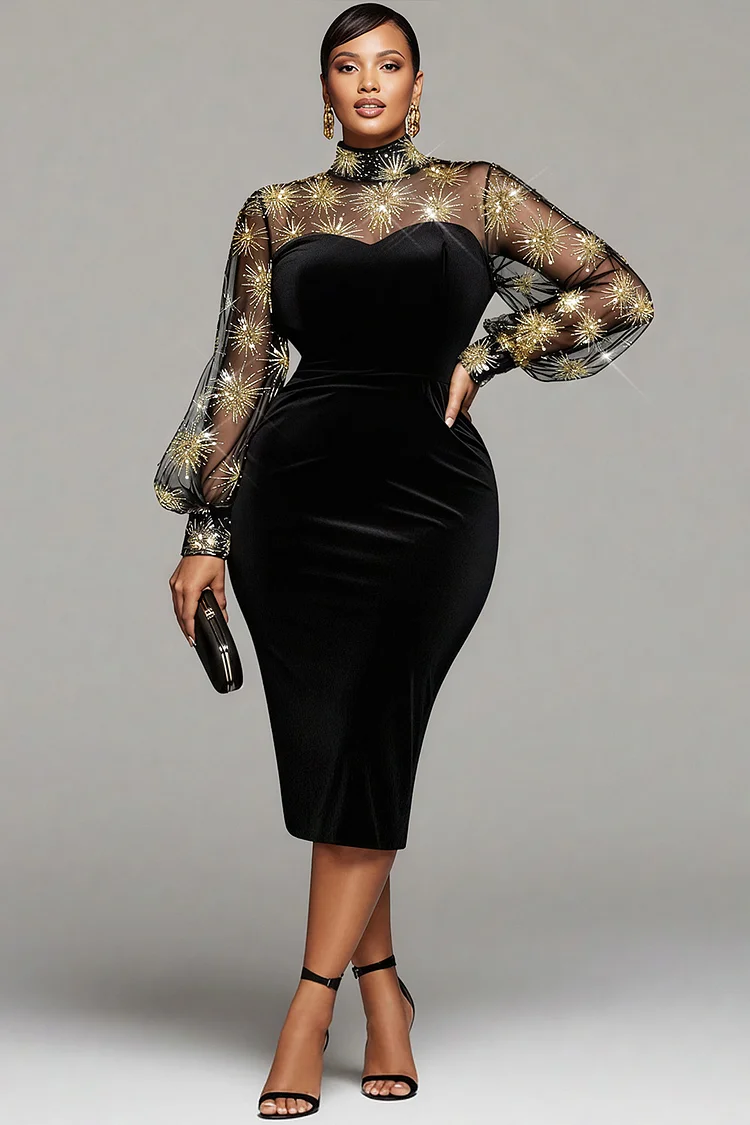 Xpluswear Design Plus Size Cocktail Party Black Mock Neck Lantern Sleeve Long Sleeve See Through Elegant Bodycon Velvet Midi Dresses 2024 - Xpluswear