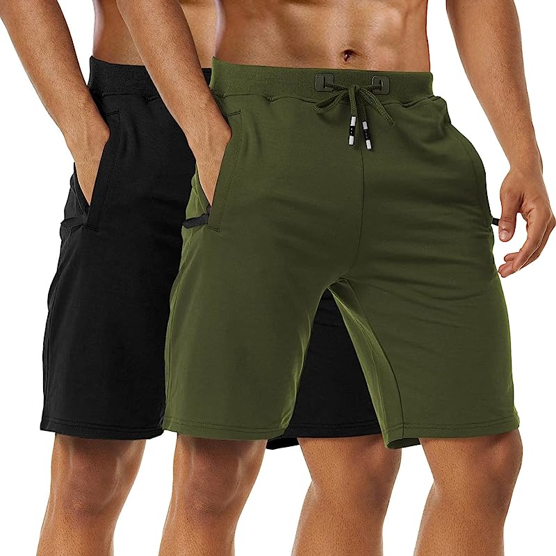 2 Pack Athletic Shorts Comfortable Cotton Workout Shorts Elastic Waist Running Shorts With Zipper Pockets