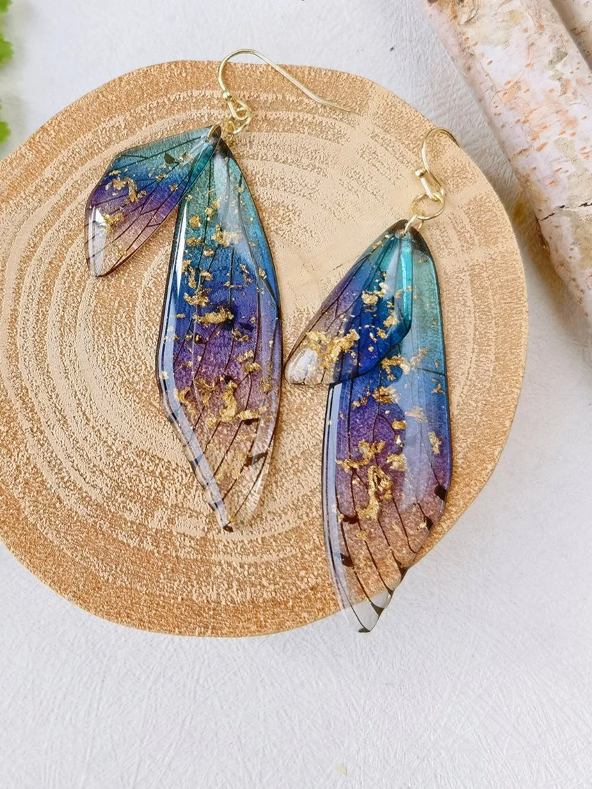 Butterfly Wing Handmade Crystal Gold Foil Earrings