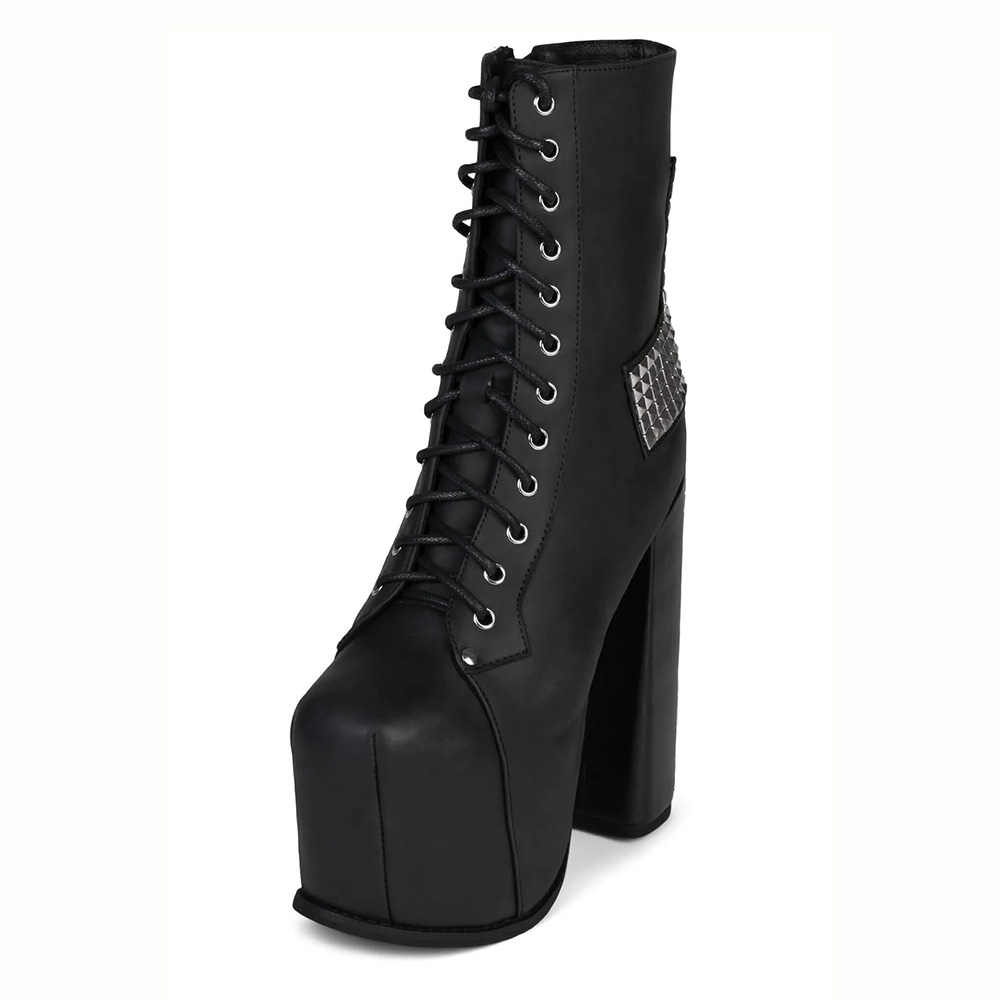 Round Toe Chunky Heel Lace-Up Rivets Platform Black Ankle Boots Nicepairs