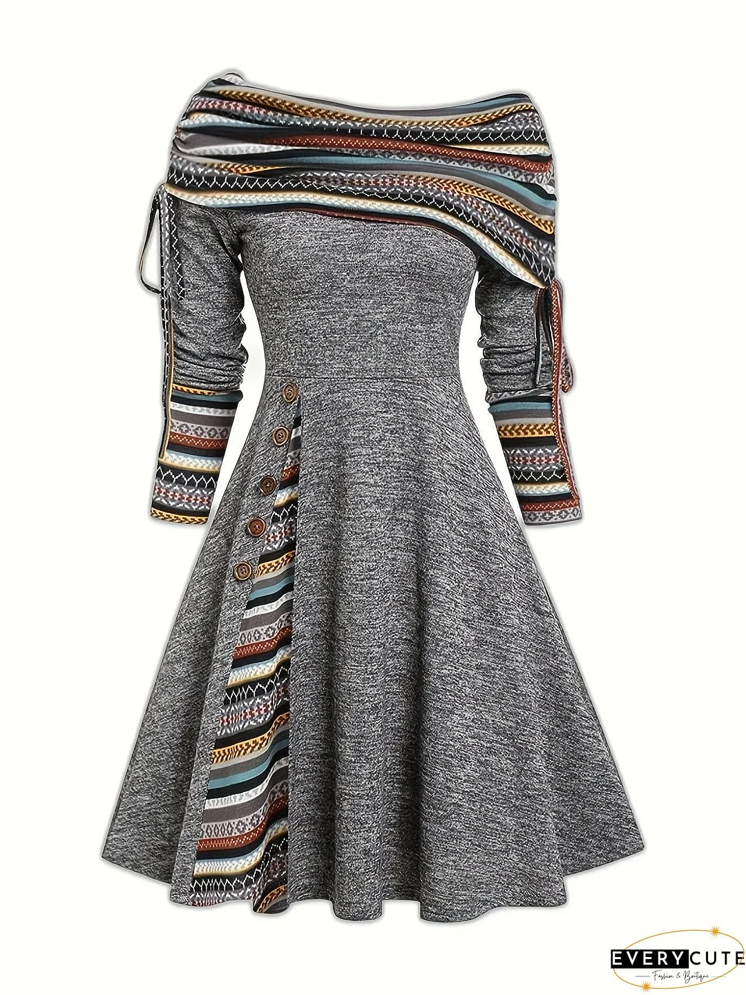 Unique Printed Midi Dress with Off-Shoulder and A-line Cut