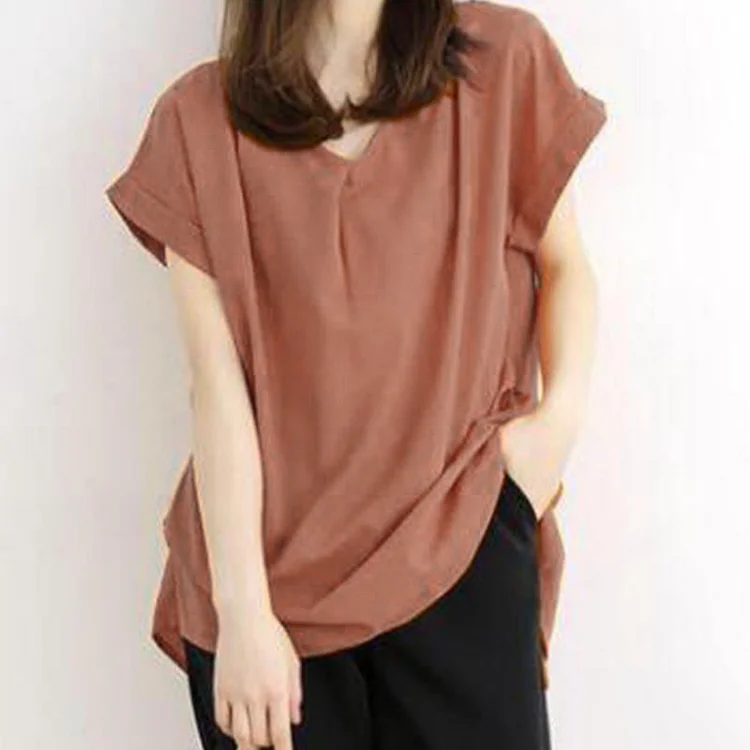 Casual Ruched Short Sleeve Chiffon Shirts & Tops QueenFunky