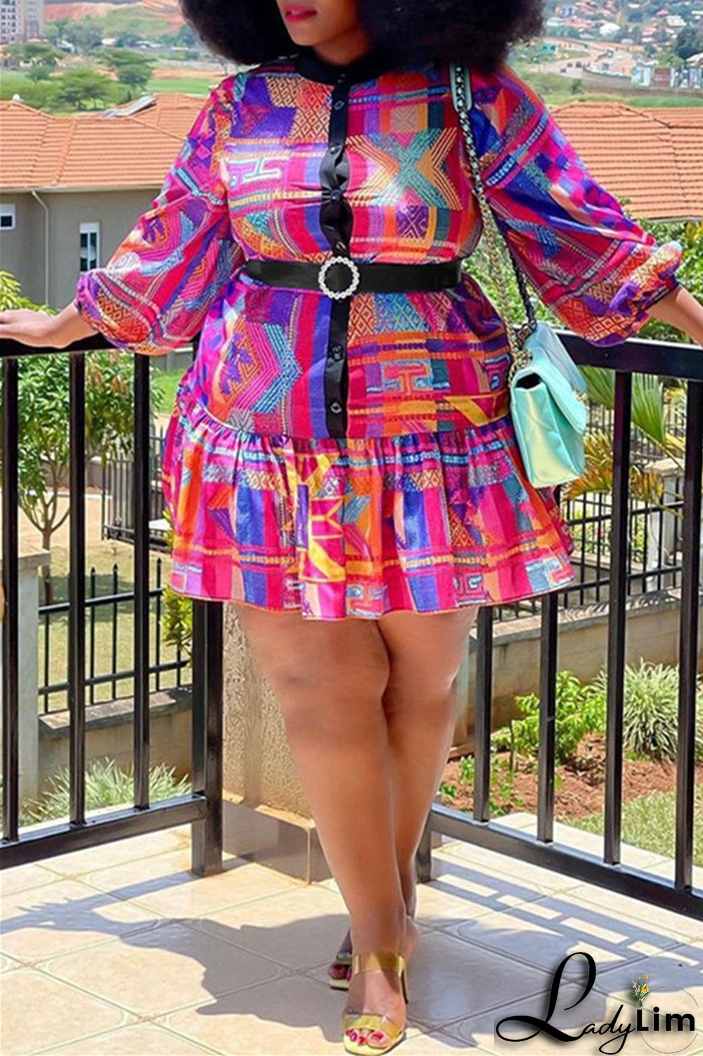 Green Fashion Casual Print Patchwork With Belt O Neck Long Sleeve Plus Size Dresses