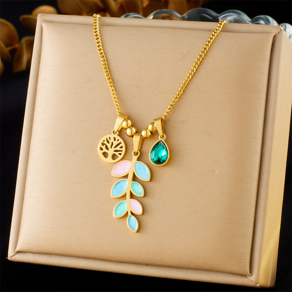 Fashion Fresh Sweet Colorful Oil Drop Leaf Pendant Stainless Steel Gold-Plated Tree Of Life Round Plate Accessories Chain Necklace