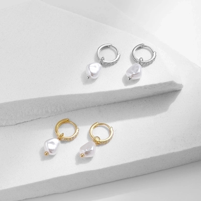 1 Pair 925 Sterling Silver Pearl Irregular Hoop Earrings