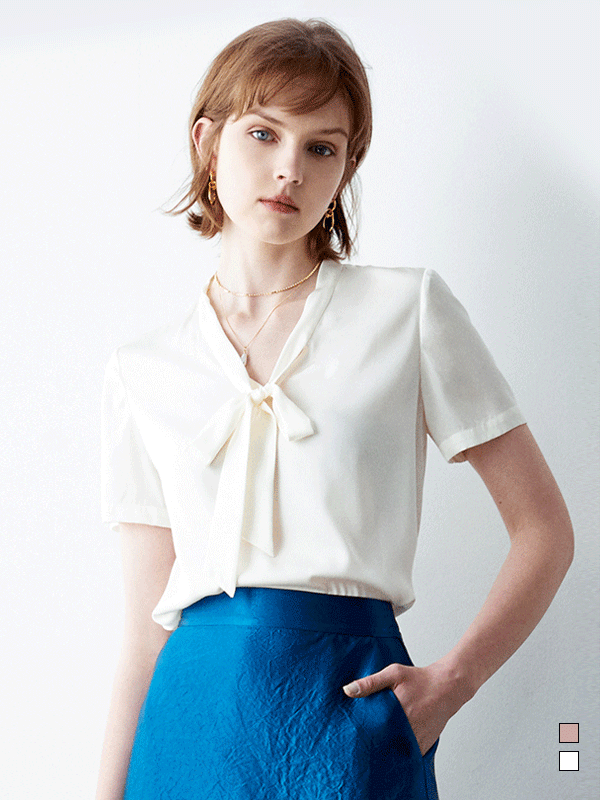 Blouse élégante en soie rose à demi-manches Blanc
