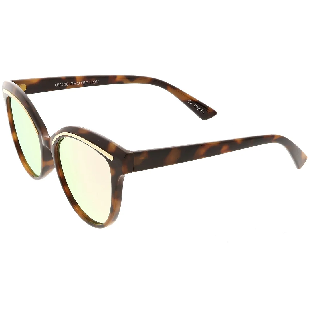 Modern Cat Eye glasses Metal Brow Detail Round Colored Mirror Flat Lens 53mm