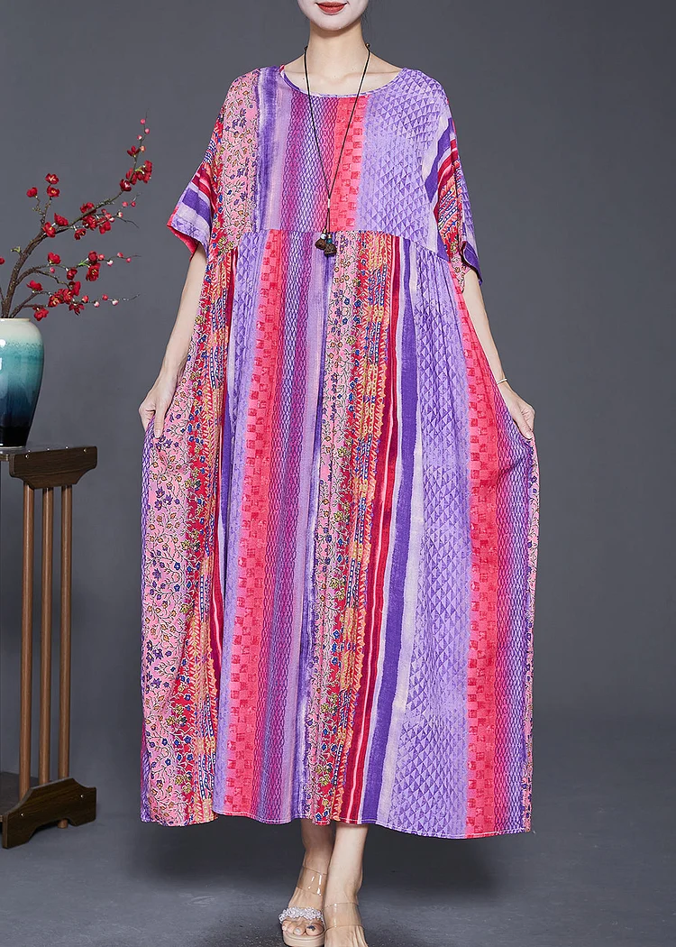 Women Purple Oversized Striped Cotton Maxi Dresses Summer