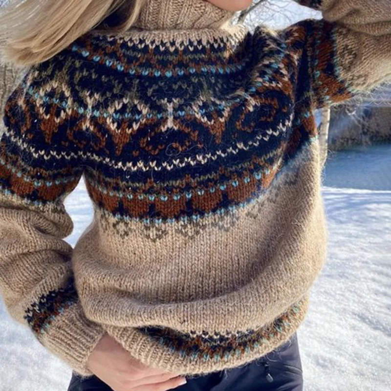 Vintage Icelandic Geometric Contrast Mid Neck Sweater