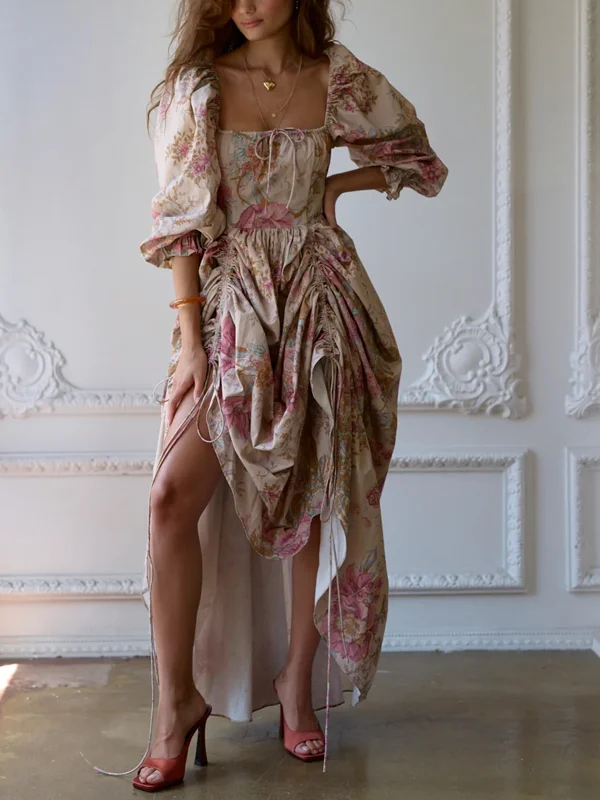 Square Neck Printed Drawstring Vacation Midi Dress