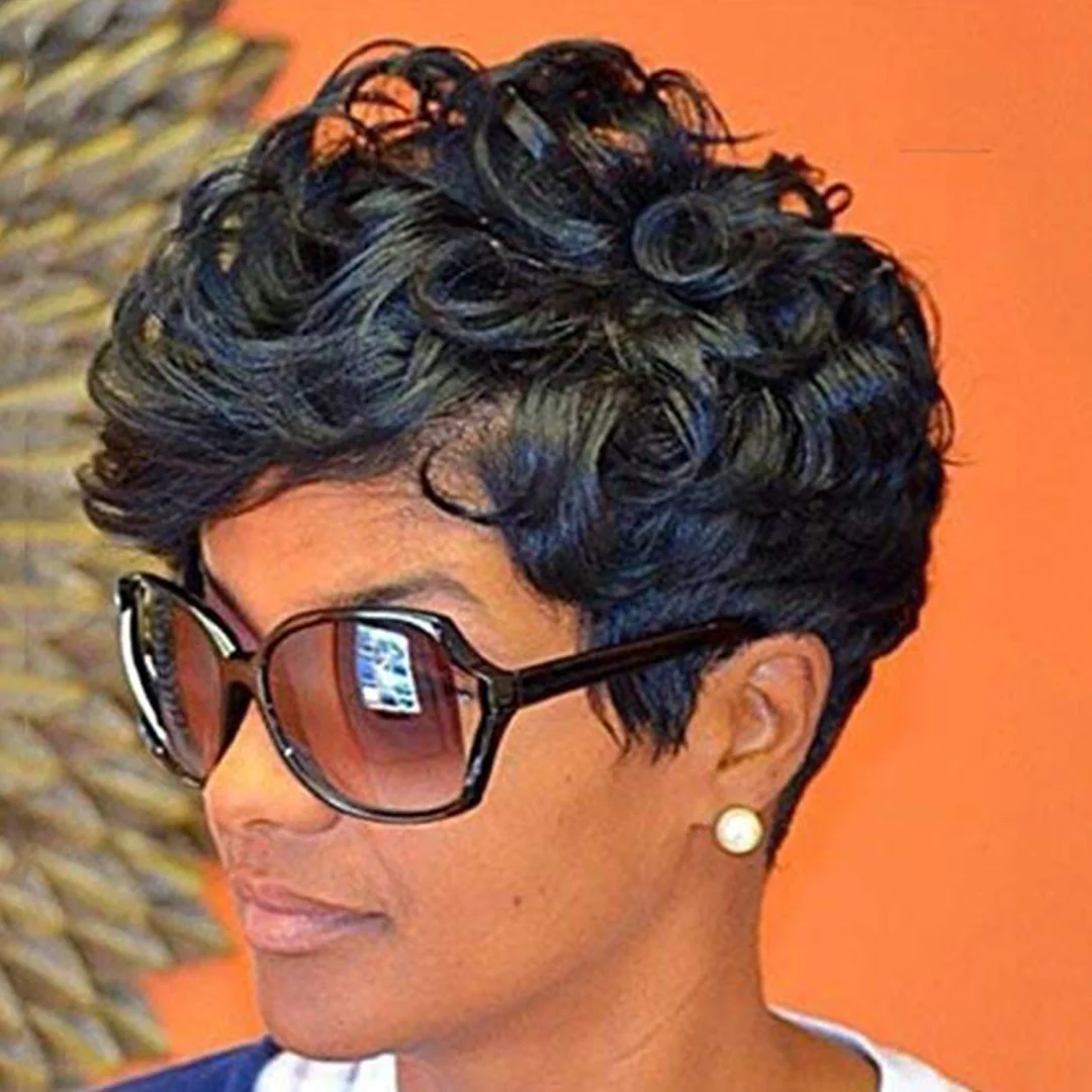 Fashion Wavy Black Short Curly Black Wig Female Chemical Fiber Headgear Female-Hoverseek