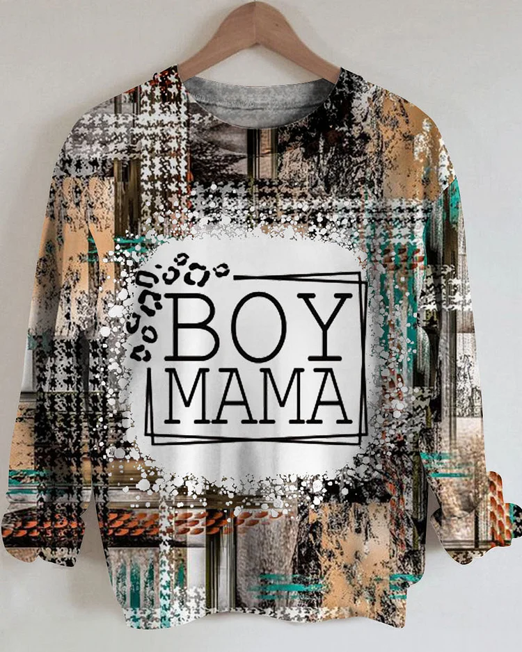Boy Mama Western Print Round Neck Long Sleeve Sweatshirt