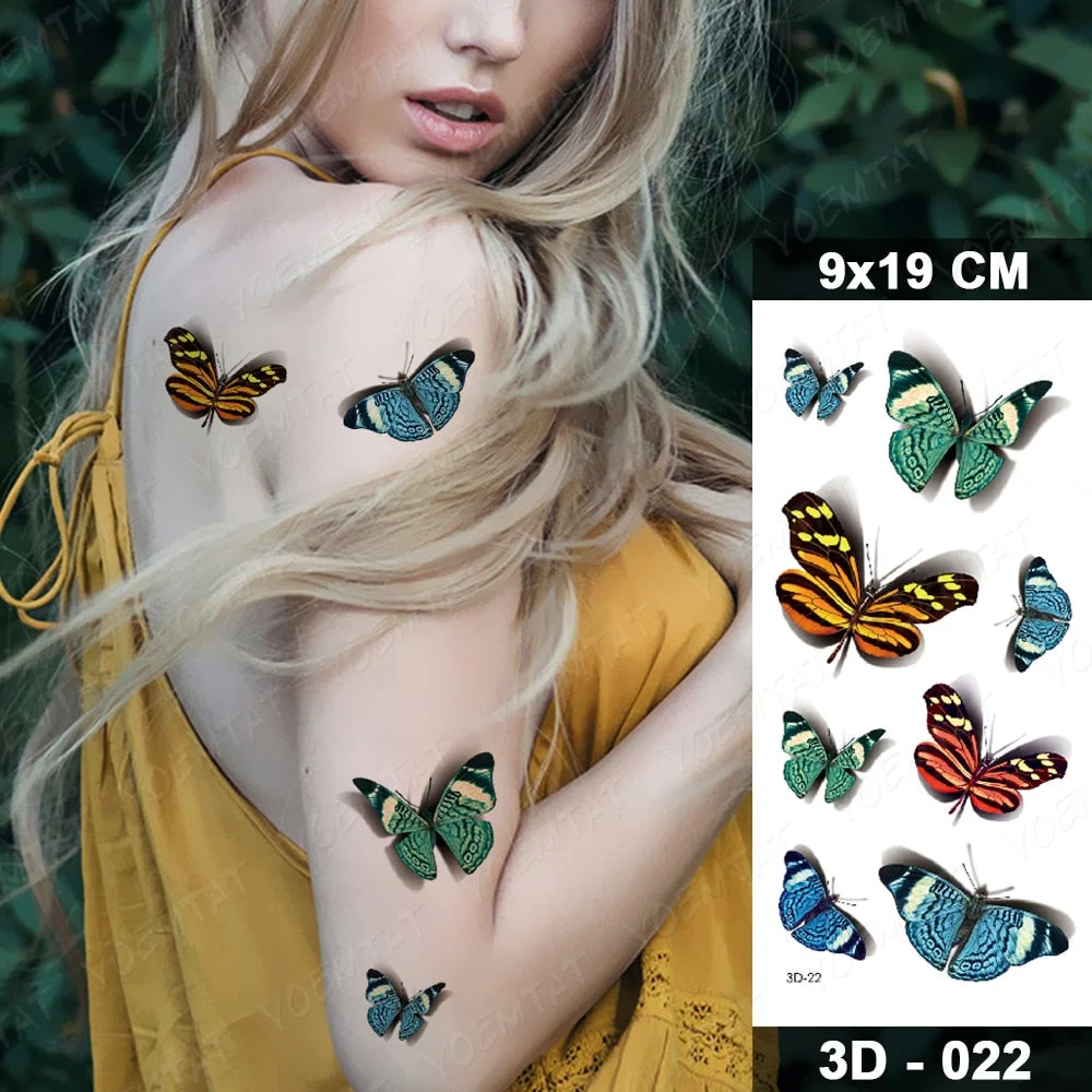 Temporary Tattoos Sticker For Women Body Art Tattoo Sticker 3d Butterfly Rose Flower Feather Tattoo Waterproof Halloween Gift