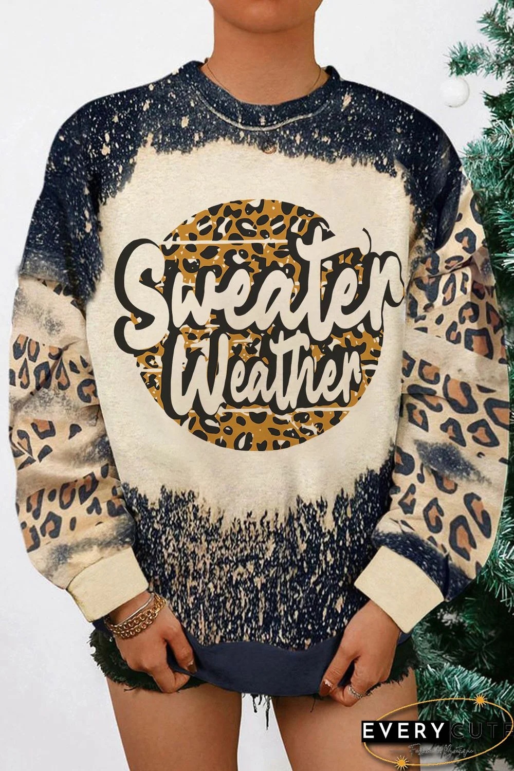Black Sweater Weather Letters Print Bleached Leopard Sweatshirt