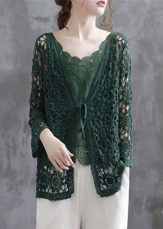 Casual Blackish Green Hollow Out Patchwork Knitting Cotton Cardigan Fall