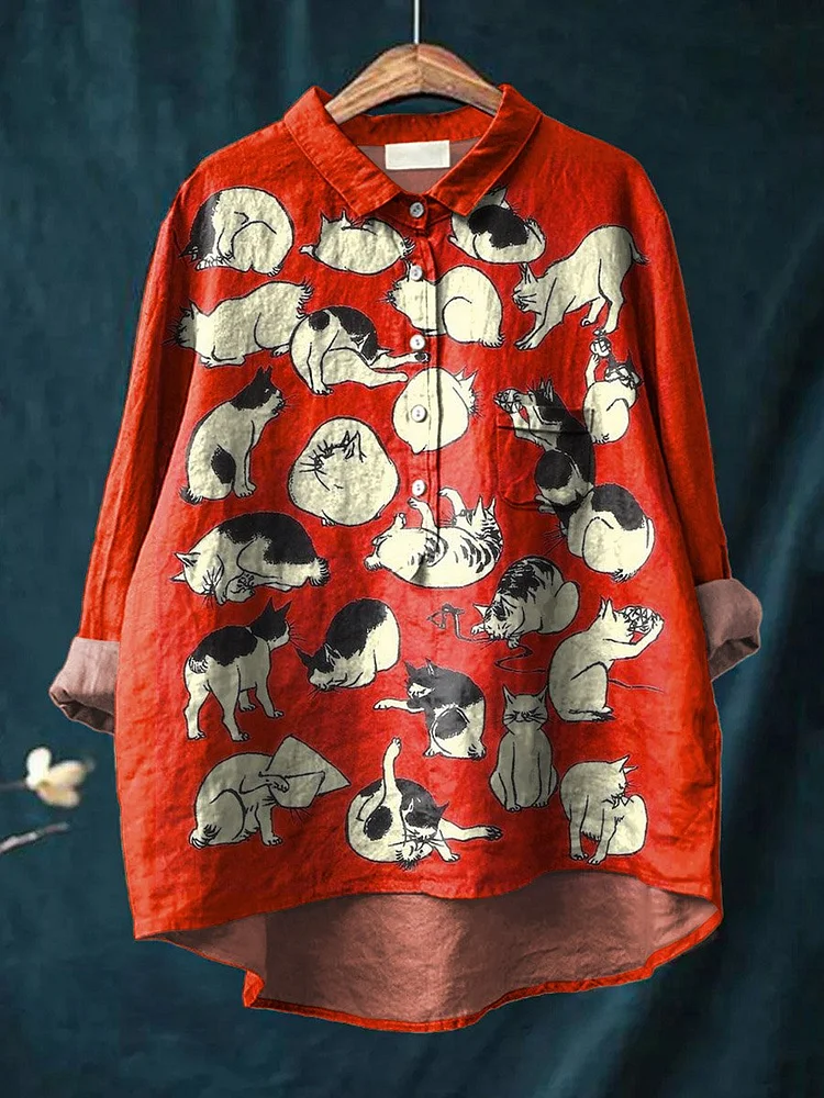 Vintage Funny Cats Art Print Casual Cotton And Linen Shirt