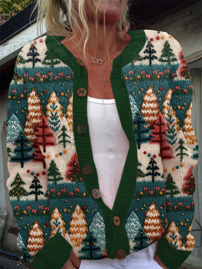 Women's Vintage Christmas Tree Yoke Comfortable Knitted Cardigan