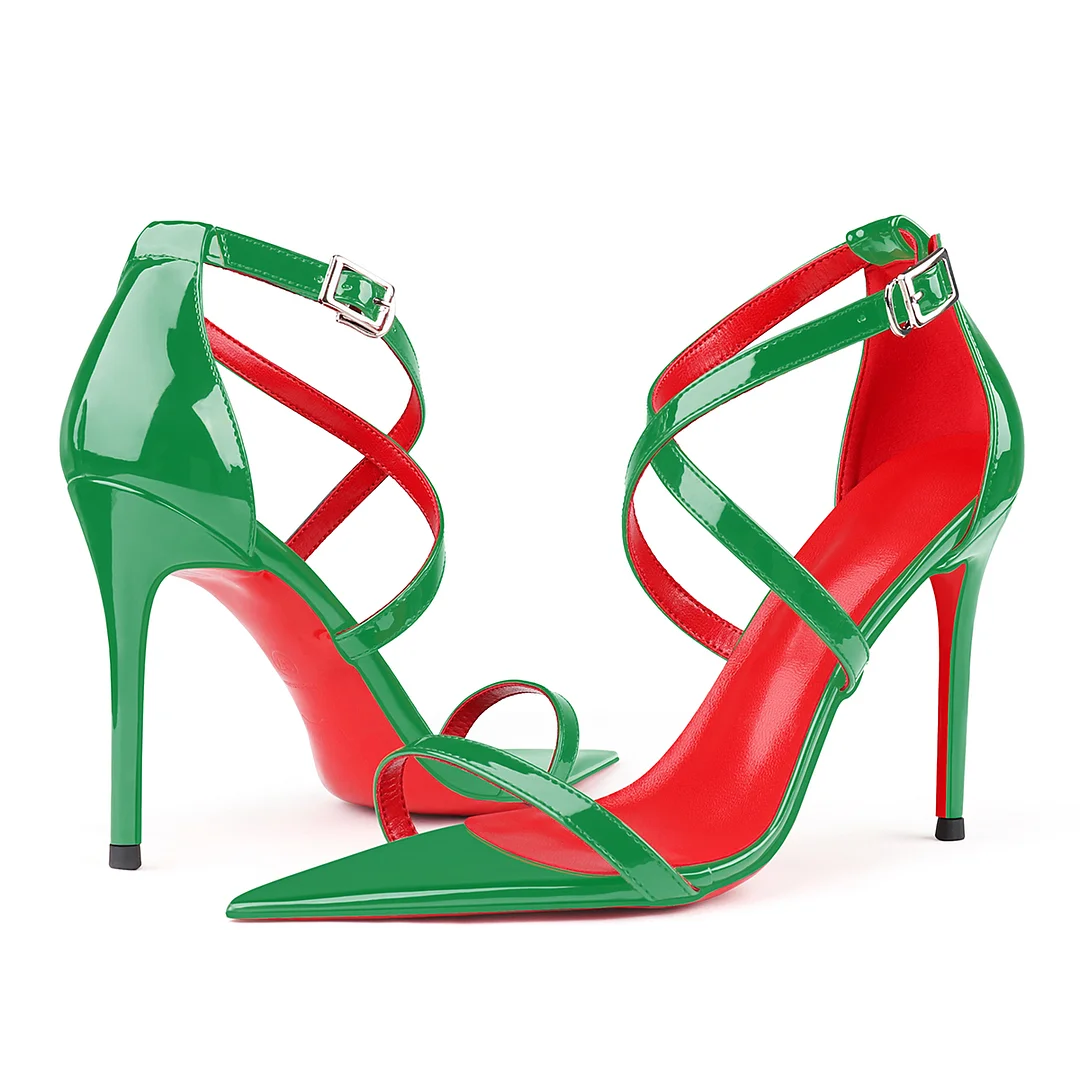 100mm Red Lined Thin Cross Strap Pointed Toe High Heels Red Bottom Party Sandals-MERUMOTE