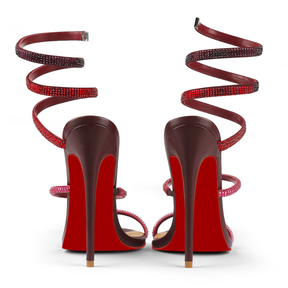 120mm Women's Cross Strappy Sandals Rhinestone Heels Red bottom Pull-on Sexy Stilettos-MERUMOTE