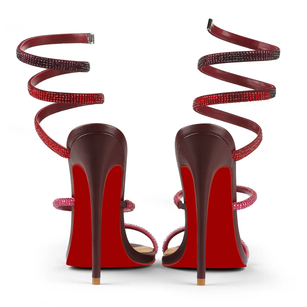 120mm Women's Cross Strappy Sandals Rhinestone Heels Red bottom Pull-on Sexy Stilettos-MERUMOTE