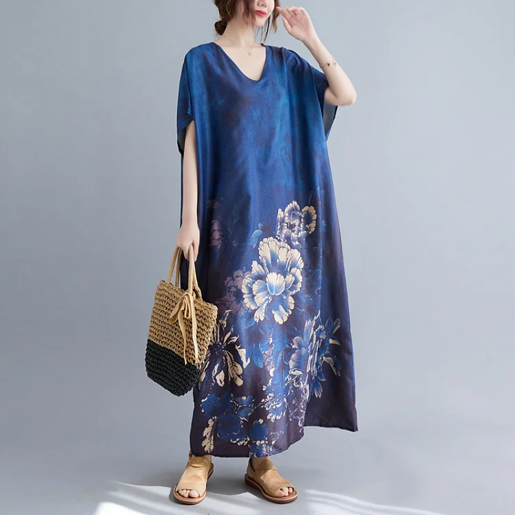Vintage Floral Print V-Neck Short Sleeve Maxi Dress - yankia