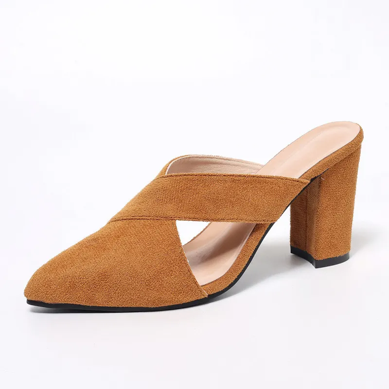 Breakj Breakj Back Empty Sandals Coarse Women's Shoes 8Cm Pointed Deep Mouth Side Velvet Half-Dragging Fashion Pointed High Heels Women