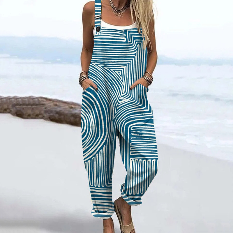 Comstylish Women's Striped Art Print Casual Jumpsuit