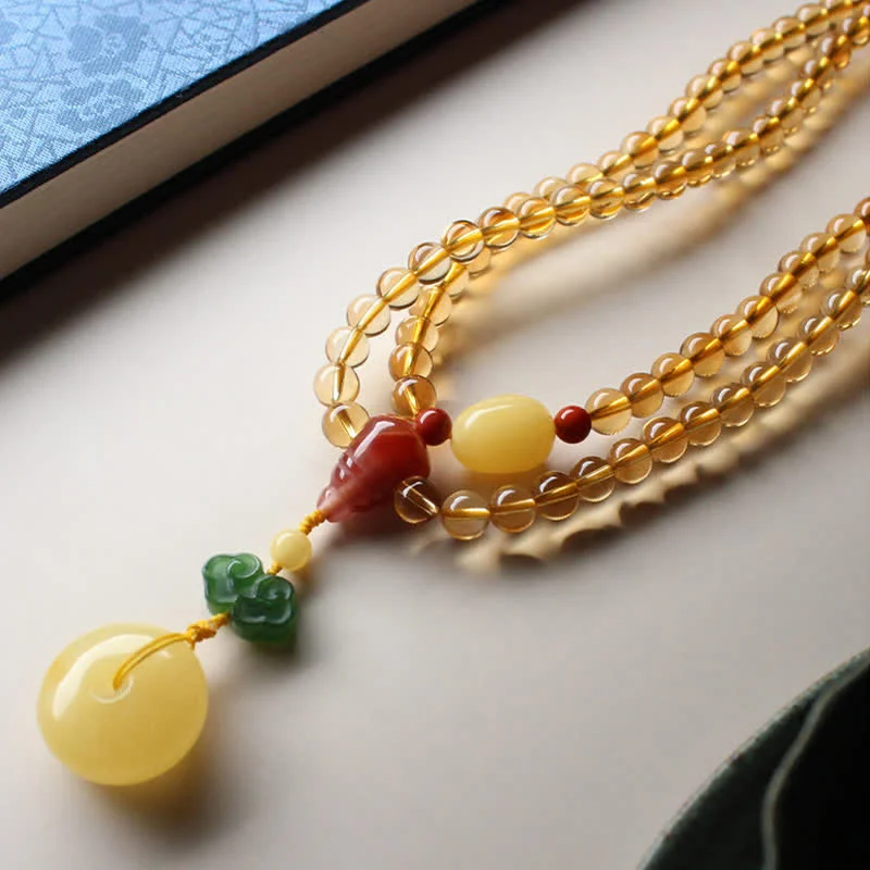 Natural Citrine Amber 108 Mala Beads Peace Buckle Red Agate PiXiu Protection Charm Bracelet