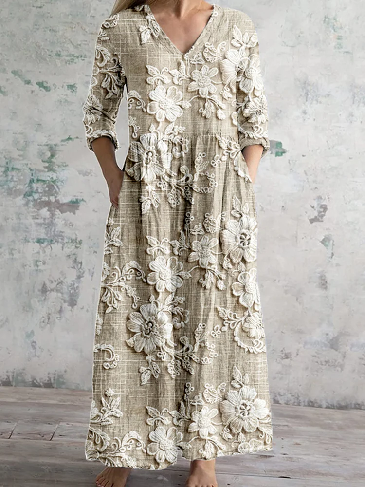 Simpfit Maxikleid aus Nachahmung aus Nachahmung aus Baumwolle und Leinen mit V-Ausschnitt und Blumenspitze im Vintage-Stil
