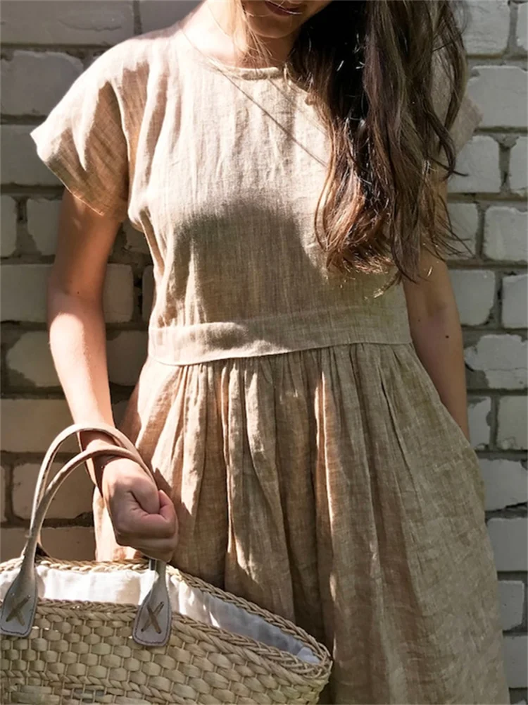 Simple Pleated Woven Flowy Linen Blend Maxi Dress