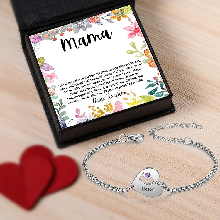 Personalisiertes 1 Name Herz Charm Armband mit 1 Geburtsstein-Geschenk mit Nachrichtenkarte