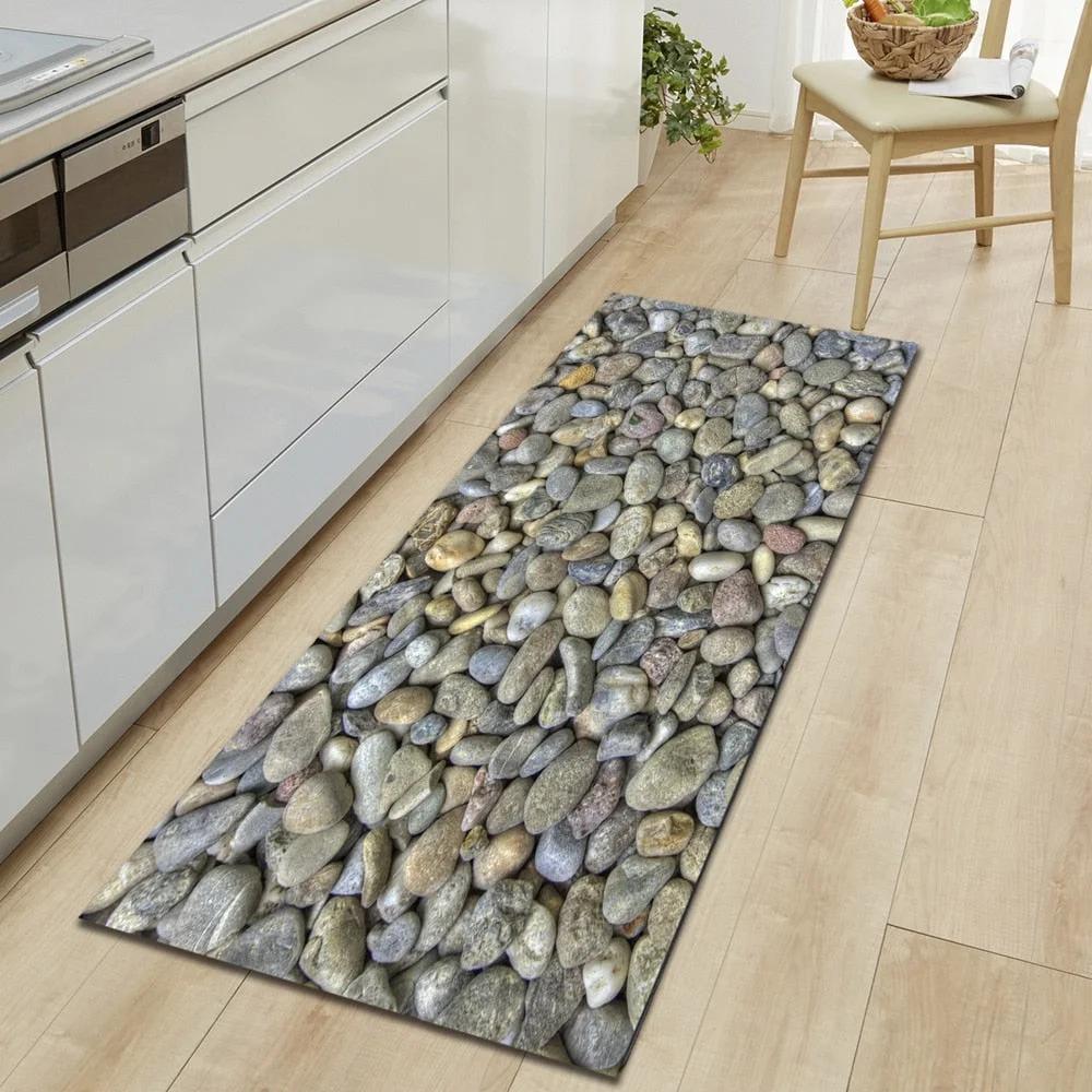 Wood Grain Kitchen Carpet Entrance Doormat Bedroom Hallway Floor Mat 3D Cobblestone Bathroom Water Absorption Anti-slip Long Rug