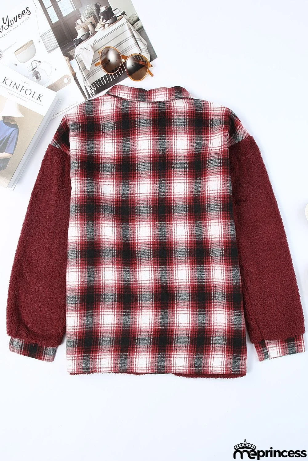 Plaid Patchwork Buttoned Pocket Sherpa Jacket