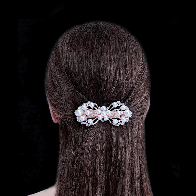 Korean Hair Accessories Rhinestone Bow Simple Hairpin Adult Pearl Horizontal Clip Ponytail Clip Top Clip Spring Clip Small