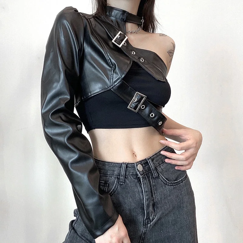 wsevypo Cool Black PU Faux Leather Crop Tops Women Metal Buttons One Shoulder Halter T-Shirt Punk Streetwear Gothic Outwear