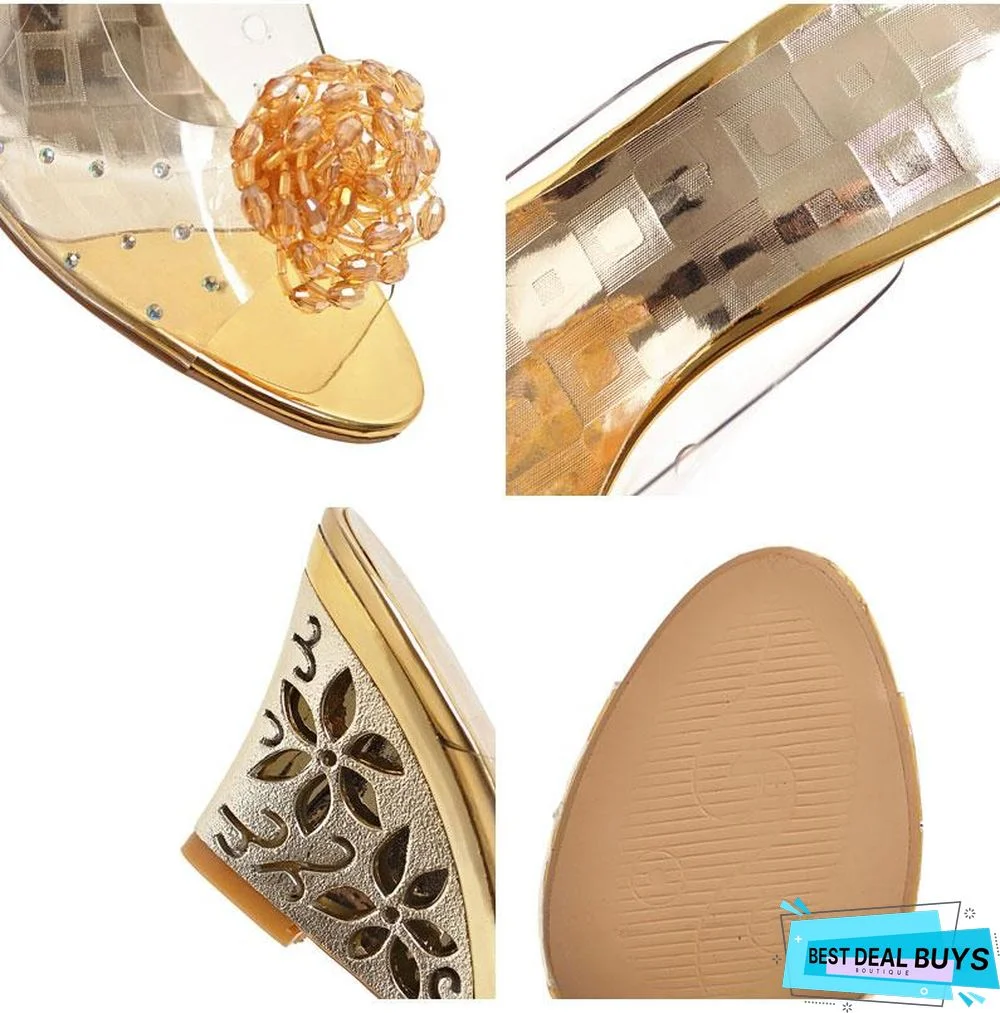 Women Flower Transparent Sandals Slippers High Heels Beading Mules Slides Shoes