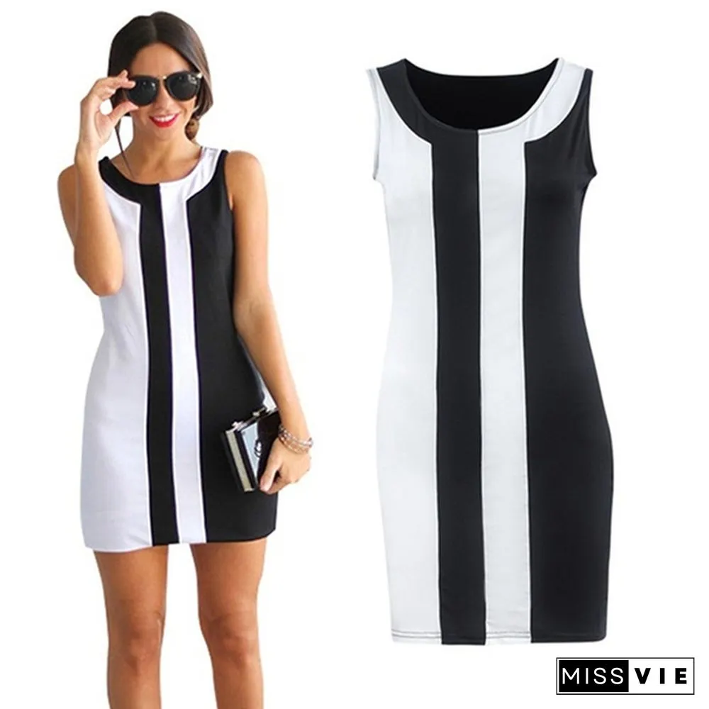 V-Neck Summer Womens O-Neck Sleeveless Black and White Patchwork Party Mini Dress Bodycon