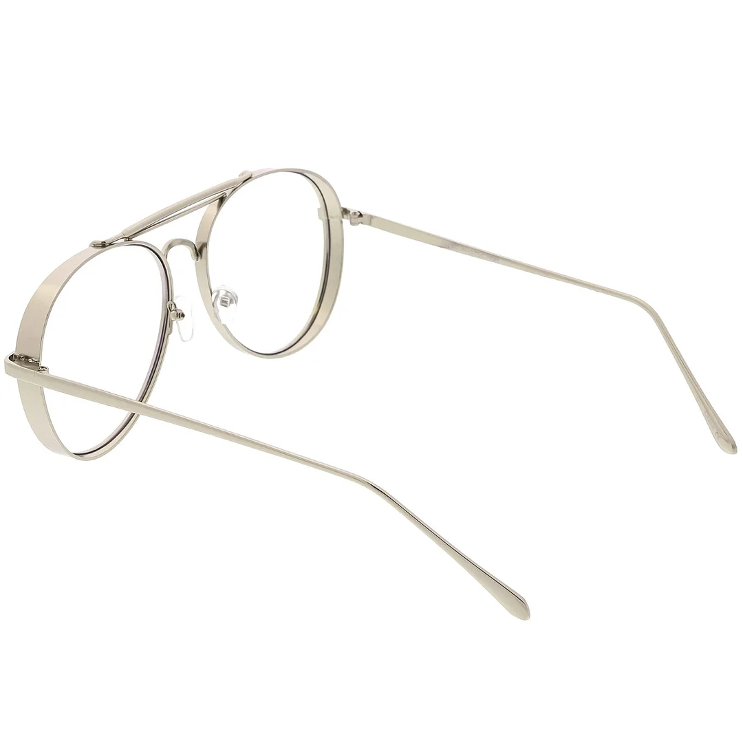 Oversize Metal Aviator Eyeglasses With Triple Crossbar Side Cover Clear Flat Lens 60mm