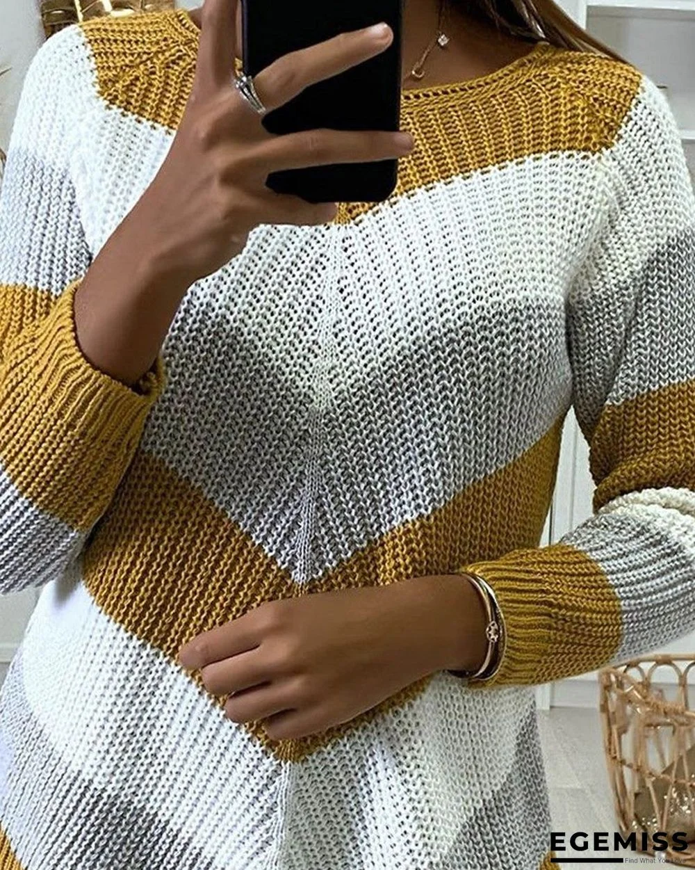Chevron Pattern Colorblock Long Sleeve Knit Sweater | EGEMISS