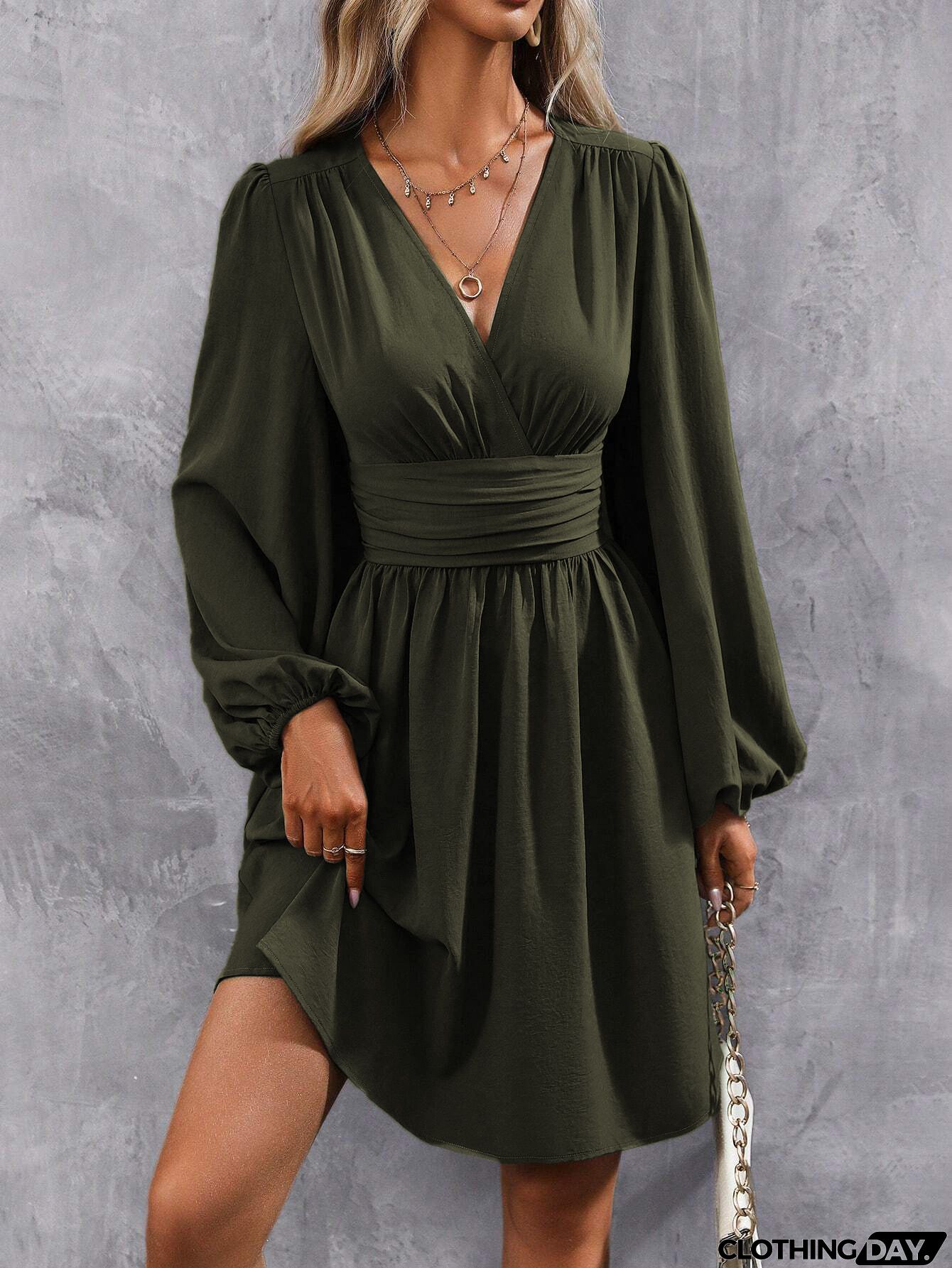 V Neck Puff Sleeve Slit Hem Mini Dress