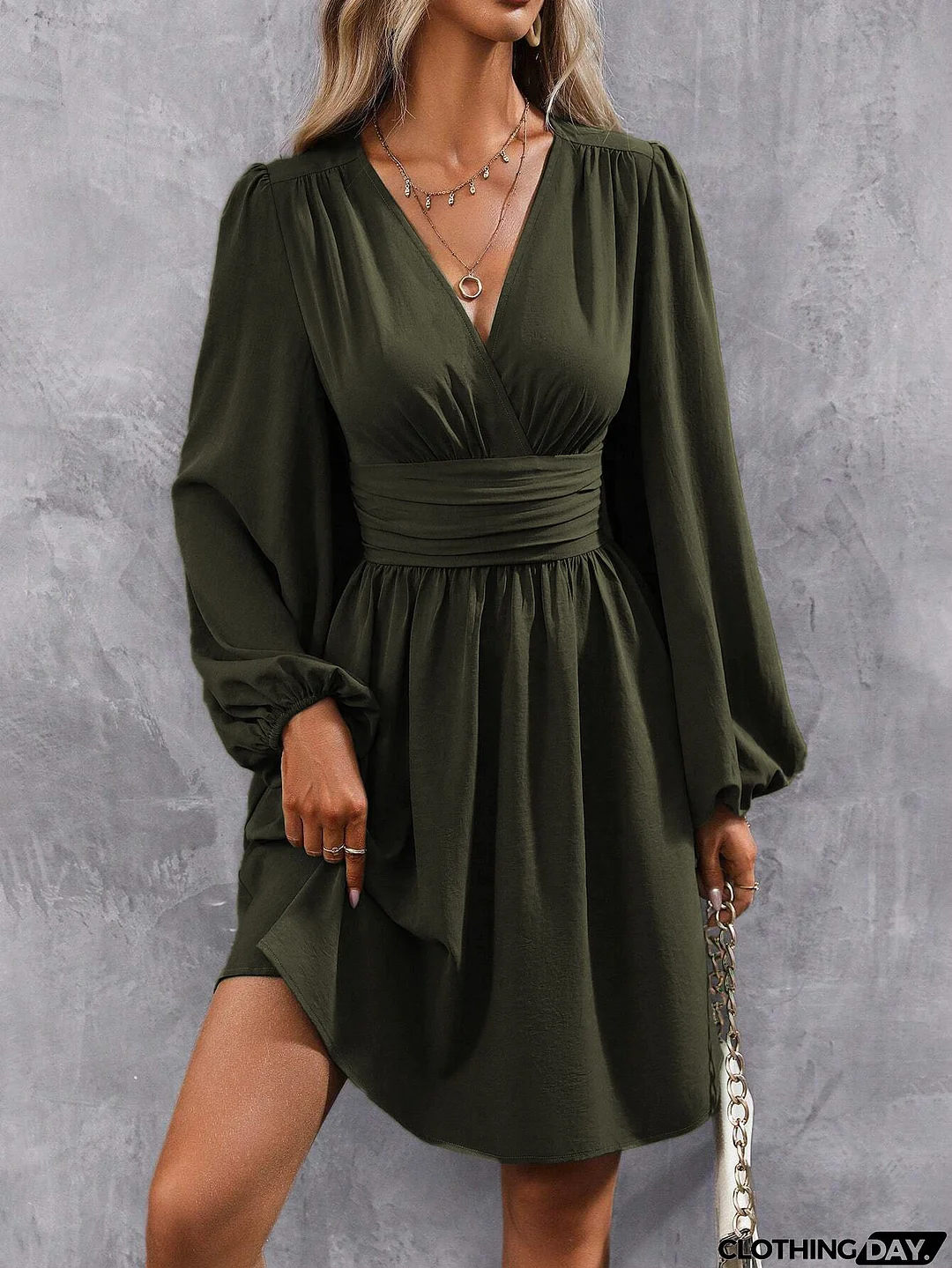 V Neck Puff Sleeve Slit Hem Mini Dress