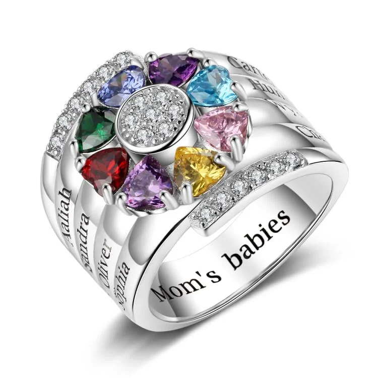 Birthstone Mother Ring 8 Stones Engraved 8 Names Personalized Family Ring Unique Gift  for Grandmother