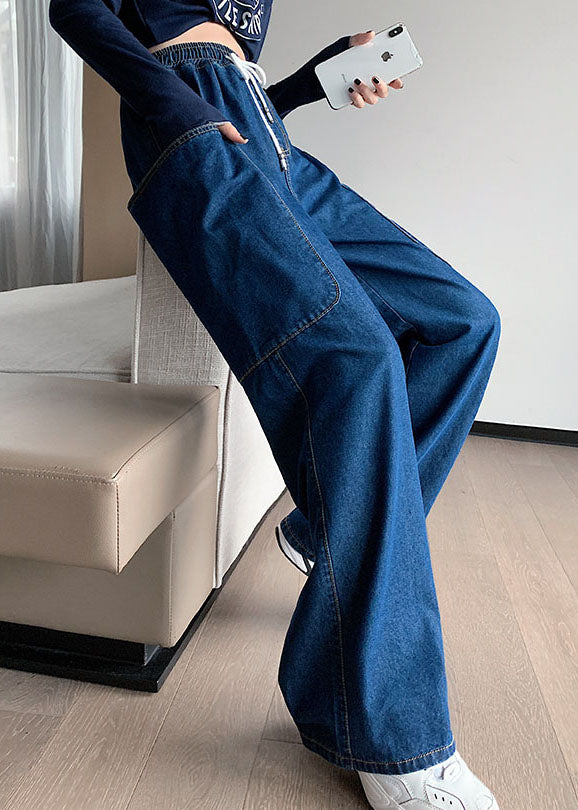 VCSHOES Solid Navy Elastic Waist Big Pockets Cotton Wide Leg Pants Summer
