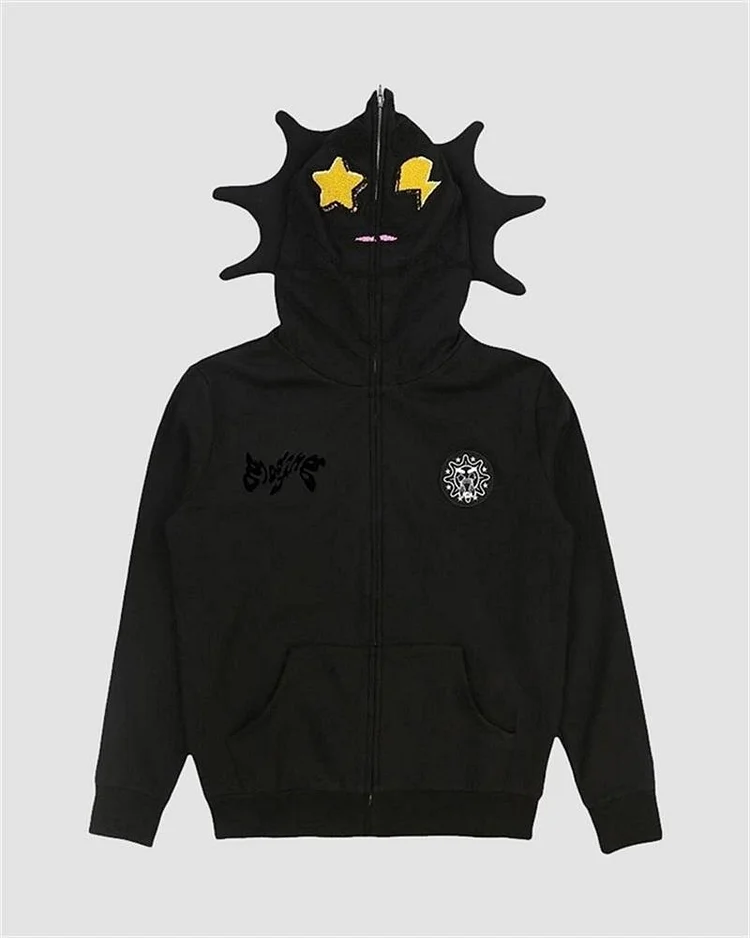 トップス chacha Zip Up Hooded Sweatshirt Funny Hood Face Print Zip Hoodie