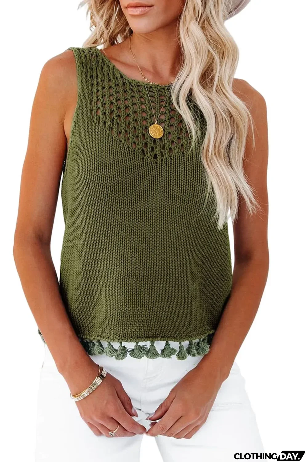 Green Tasseled Crochet Hollow-out Knit Tank