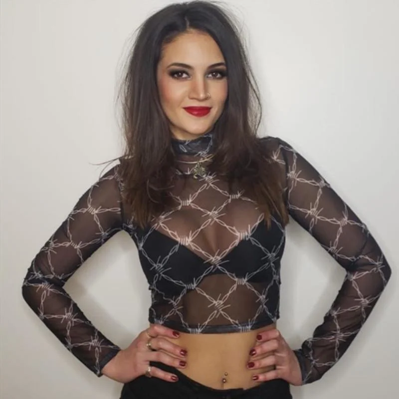 Churchf Churchf Transparent Sexy Top High Collar Long Sleeve T-Shirt Hot Gauze Thorn Print Perspective Black T-Shirt In Stock