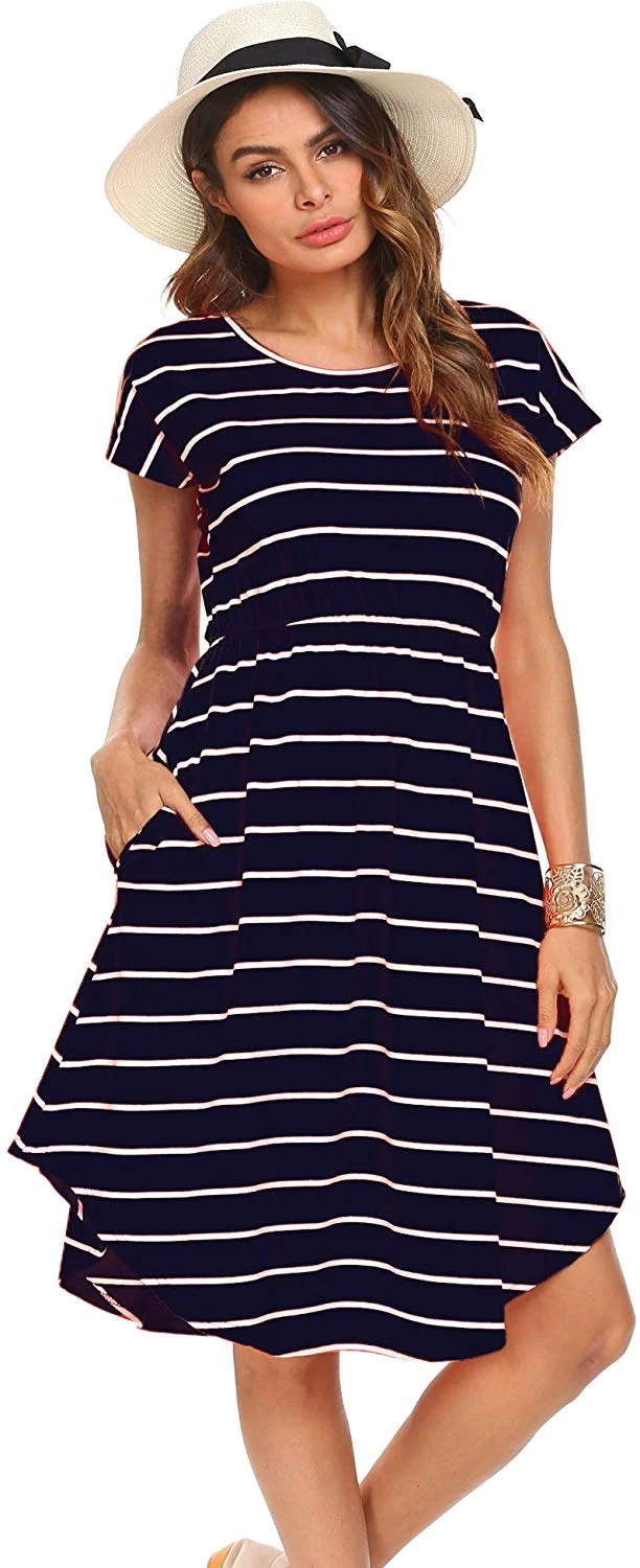 Women's Summer Casual Stripe Elastic Waist Loose Beach Midi Dress