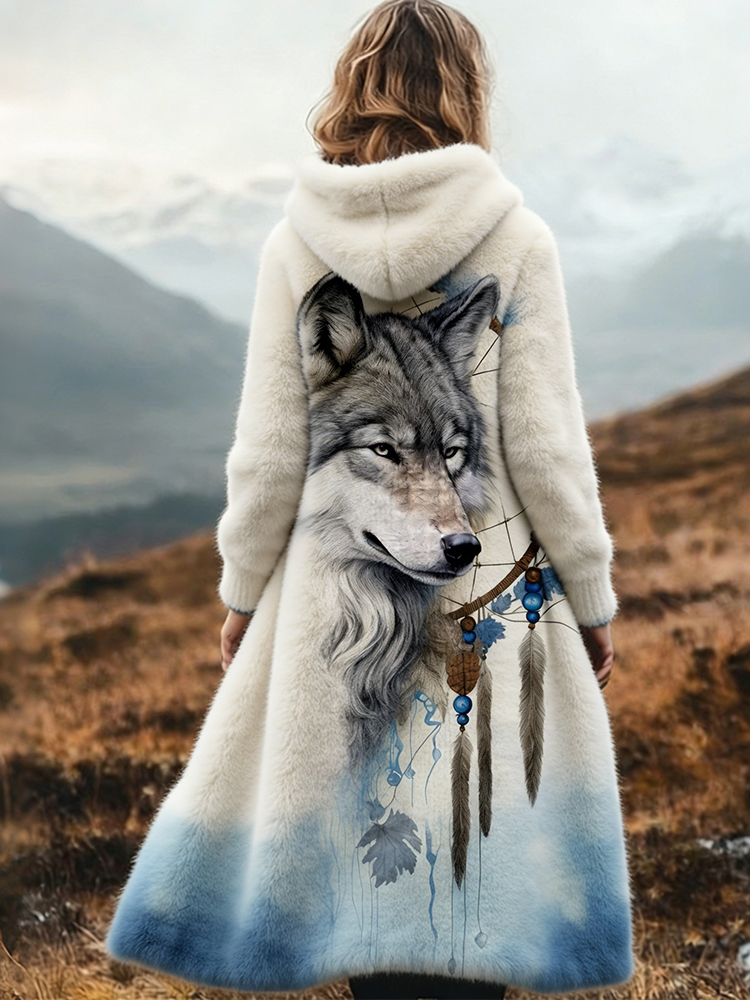 Western Wolf Ethnic Pattern Vintage Cozy Plush Cardigan wearshes