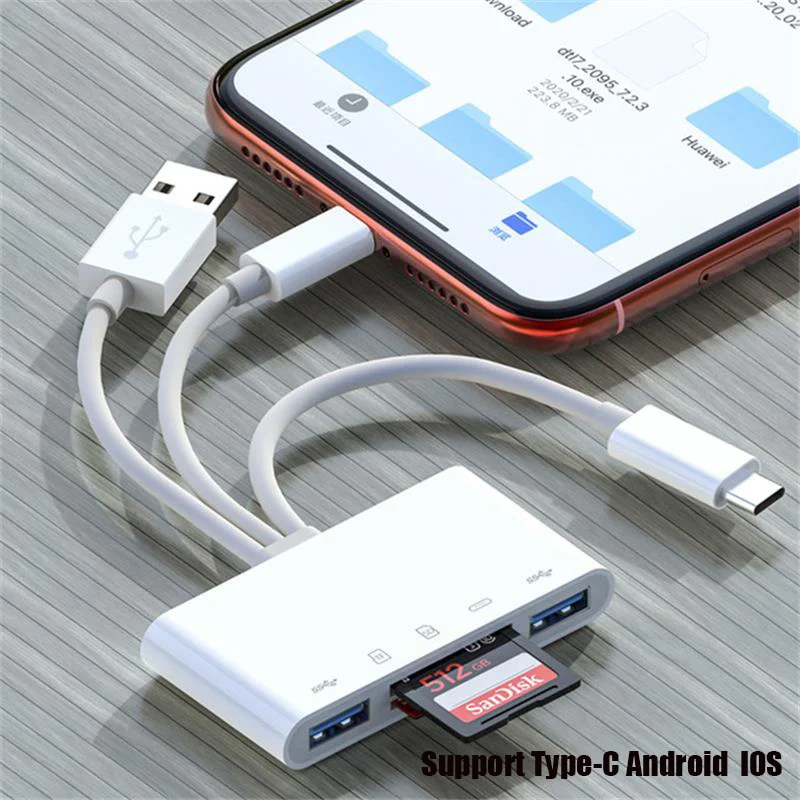 3 Heads USB 5 in 1 TypeC Android IOS Flash Drive SD/TF Card Reader Adapter for iphone ipad Macbook