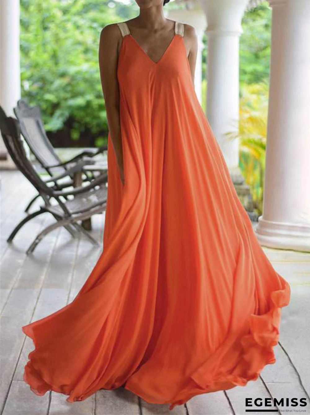 Bohemian Long Solid Color V-neck Large Size Halter Dress | EGEMISS